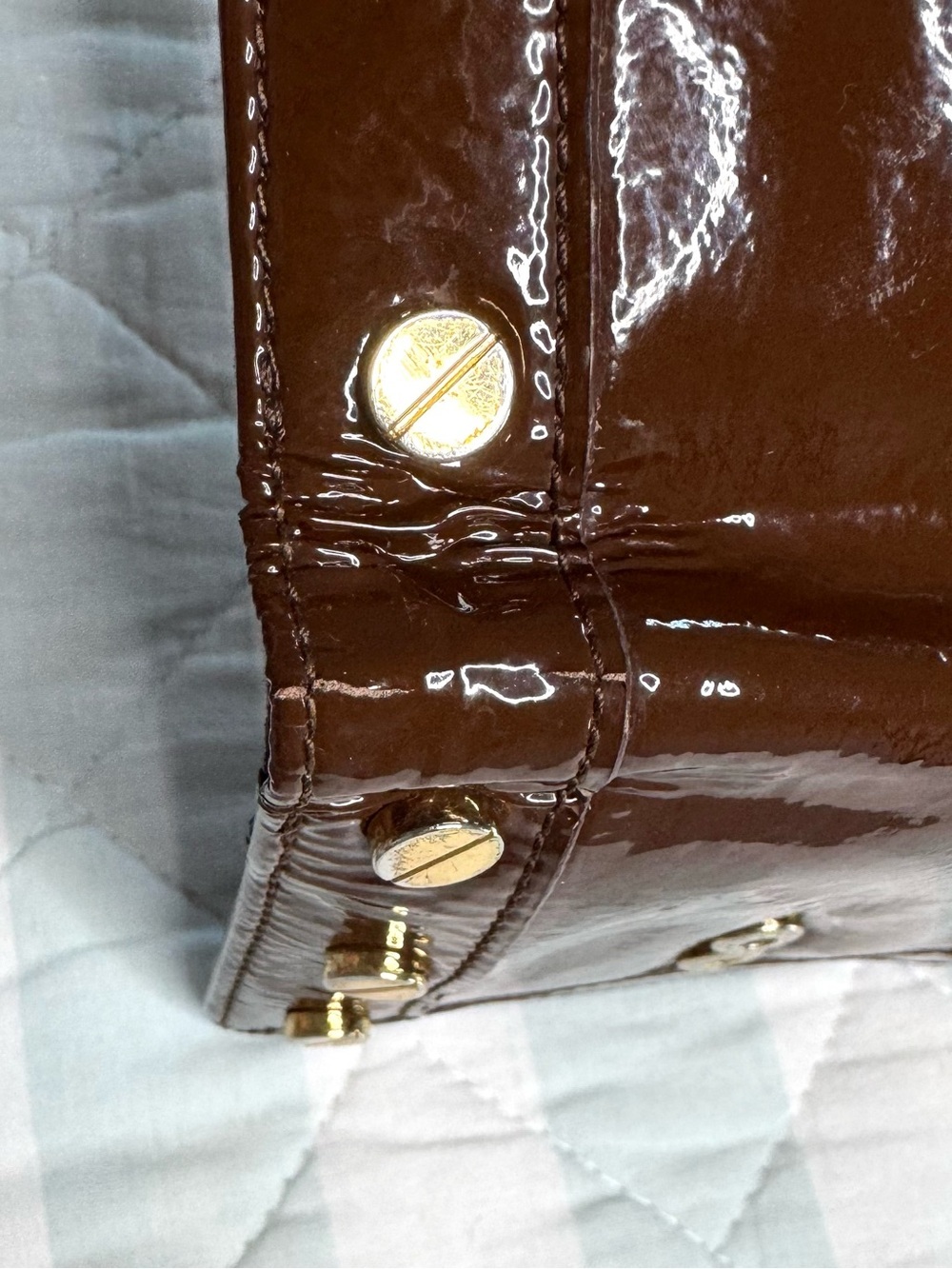 Tory Burch Patent Leather Logo Bifold Wallet Chocolate Brown Gold Hardware - Picture 8 of 11